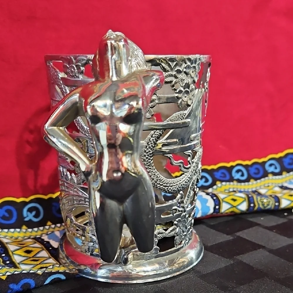 Japanese Cut Silver Plated Stein Tankard Holder with Nude Handle